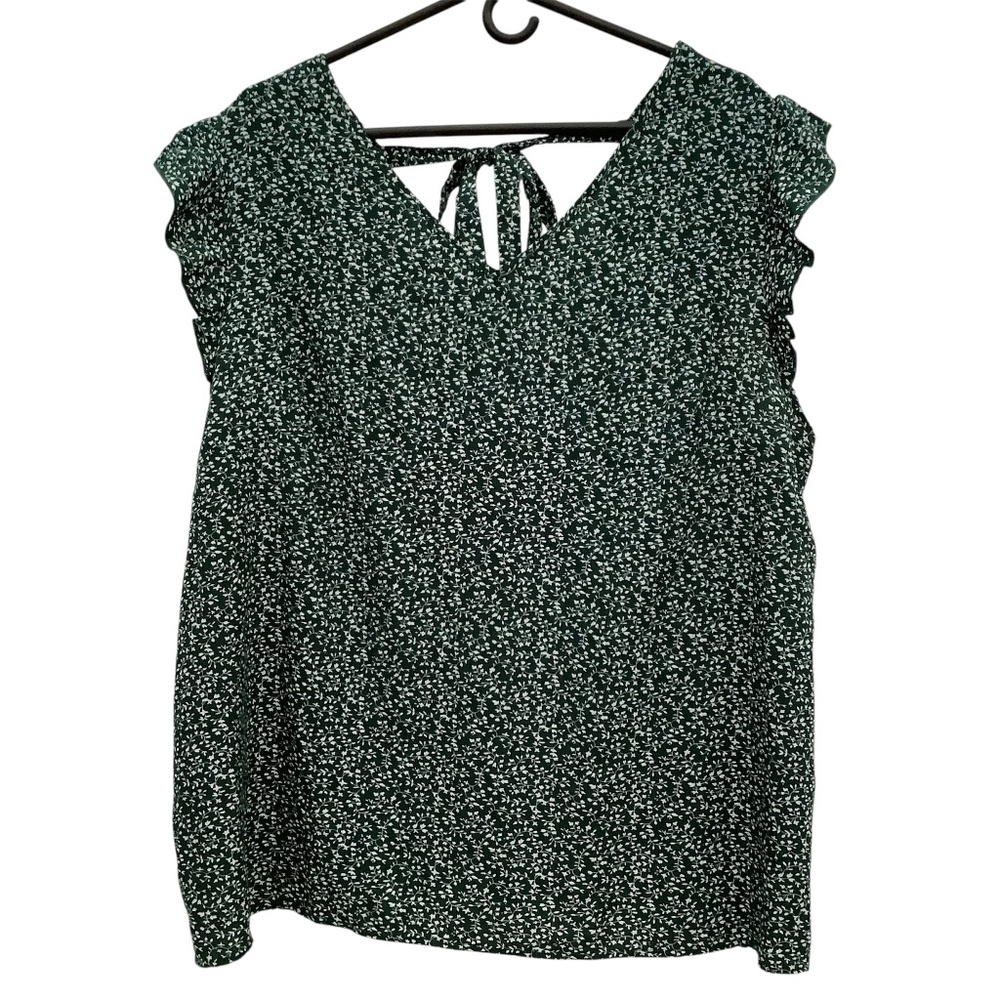 Emery Rose 4XL Green White Leaf Print Blouse Ruffle Sleeve Tie Back‎